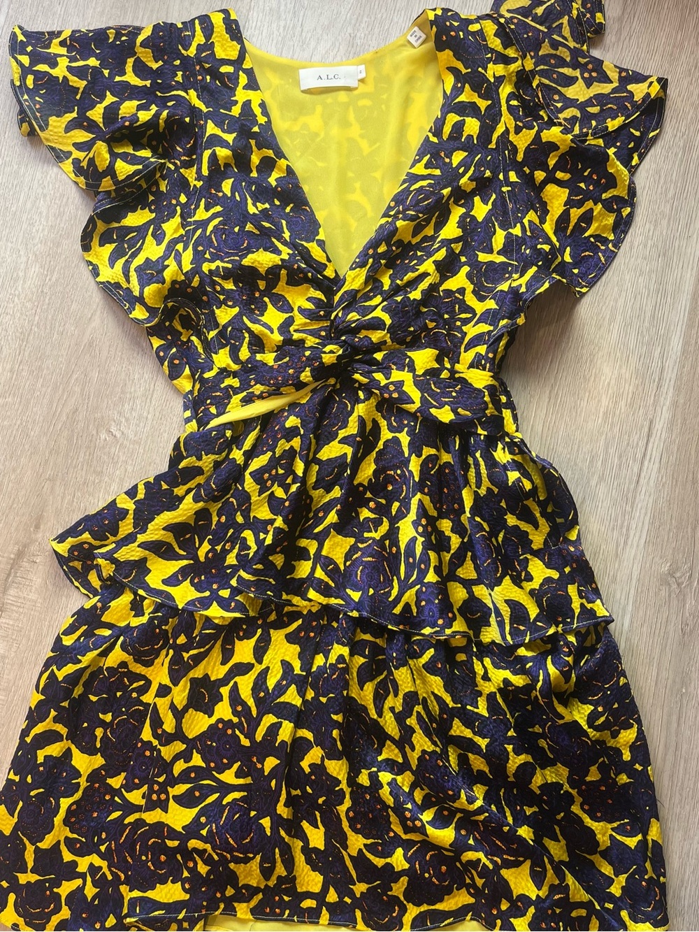A.L.C Yellow & purple Floral V-Neck Tiered Mini Dress size 2